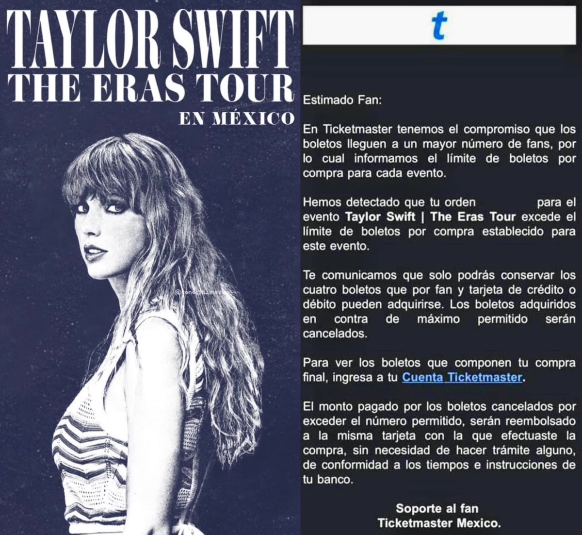 Ticketmaster ha comenzado a cancelar boletos a usuarios que excedieron el límite de compra para 'The Eras Tour' de Taylor Swift en el Foro Sol de la Ciudad de México.
