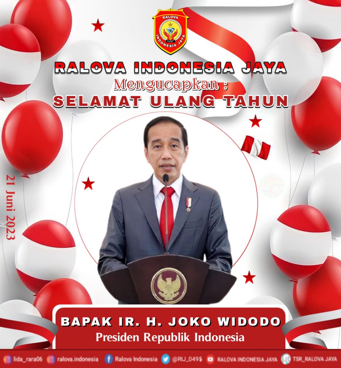ralova_ntb's tweet photo. Assalamualaikum🙏
Kami keluarga besar @lida_raravc dan @ralova.indonesia mengucapkan Selamat Ulang Tahun ke-62 Presiden Republik Indonesia, Ir. H. Joko Widodo Semoga bapak senantiasa  serta keselamatan dalam memimpin bangsa Aamin🤲 https://t.co/7fYAHlQ8ob