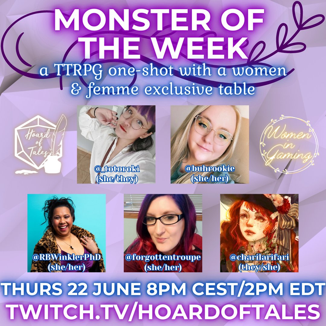 TOMORROW @buhrookie @RBWinklerPhD @forgottentroupe @charilarifari are slaying monsters with @_totoroki at 20:00 CEST/2PM EDT. This story will explore Southeast Asian culture through food & what it means to be part (or apart) from it. Seriously can't wait!

twitch.tv/hoardoftales