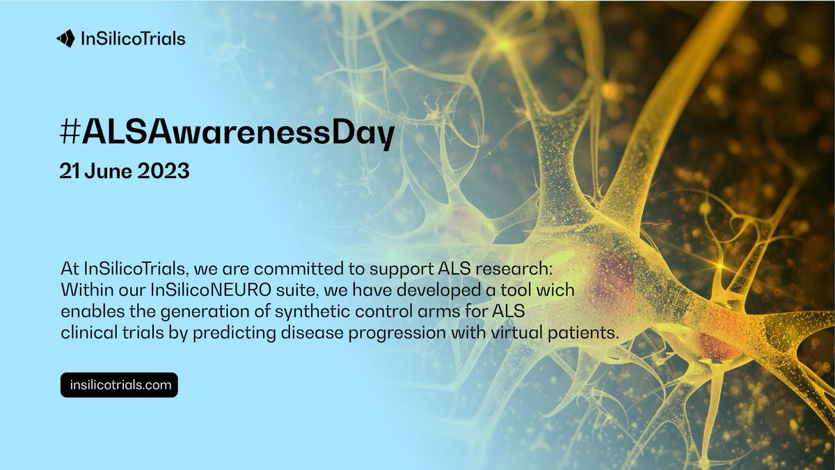 📣Today is #ALSAwarenessDay 

Let's unite in raising awareness and advocating for better treatments and care of this #neurodegenerativediseases. 

Find out more about our commitment to support research on #AmyotrophicLateralSclerosis:
ℹ️insilicotrials.com/solutions-for-…