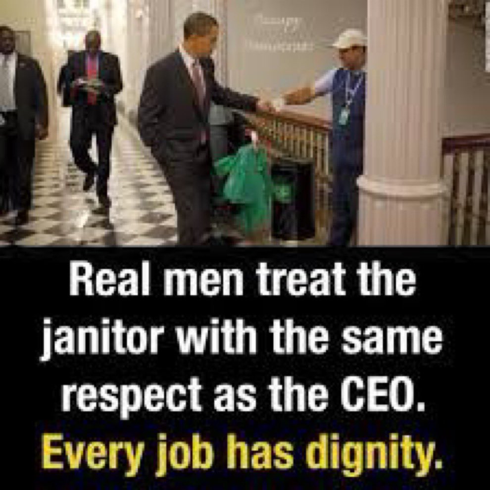 AuthorJoeNBrown's tweet photo. President #BarackObama: ‘I was raised to treat the janitor 🪣🧹🗑🧽 with the same respect as the CEO’ 💼🧳. #POTUS44 did that.
#AndInTheEnd...
Honorable Men like #PresidentObama has taught us that every job has dignity. #SimpleReminders 🤜🏼🤛🏼 https://t.co/dkAgXpa3BP