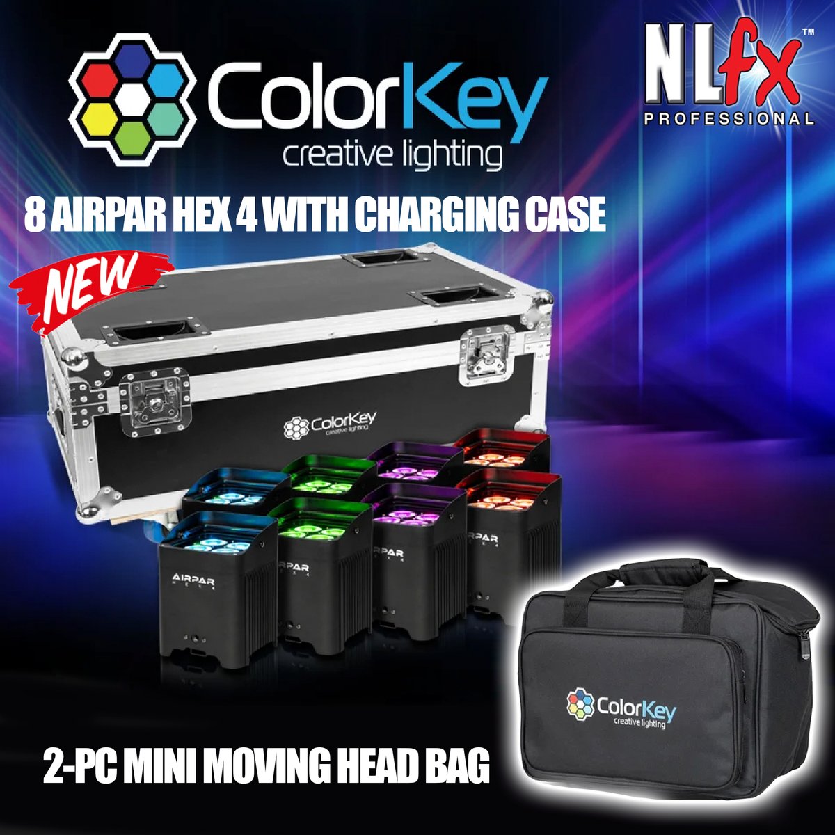 New from ColorKey- the 8 Airpar Hex 4 with Charging Case Bundle and the 2 Pc Mini Moving Head Bag, available now!!

nlfxpro.com/new-from-color…