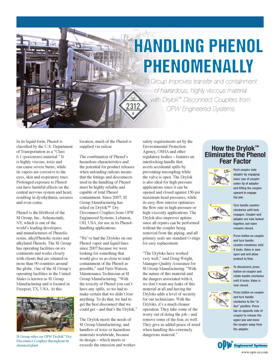 OPW_ES's tweet photo. Phenol is a crucial #chemical for manufacturers like @SIGroupInside, but can cause negative health effects as a #hazmat substance. See how OPW’s Drylok™ Dry Disconnect Couplers have given SI Group peace of mind in #Phenol transport. #EngineeringWhatsNext

https://t.co/lvuLhKPpaa https://t.co/7w0FPqGhpY
