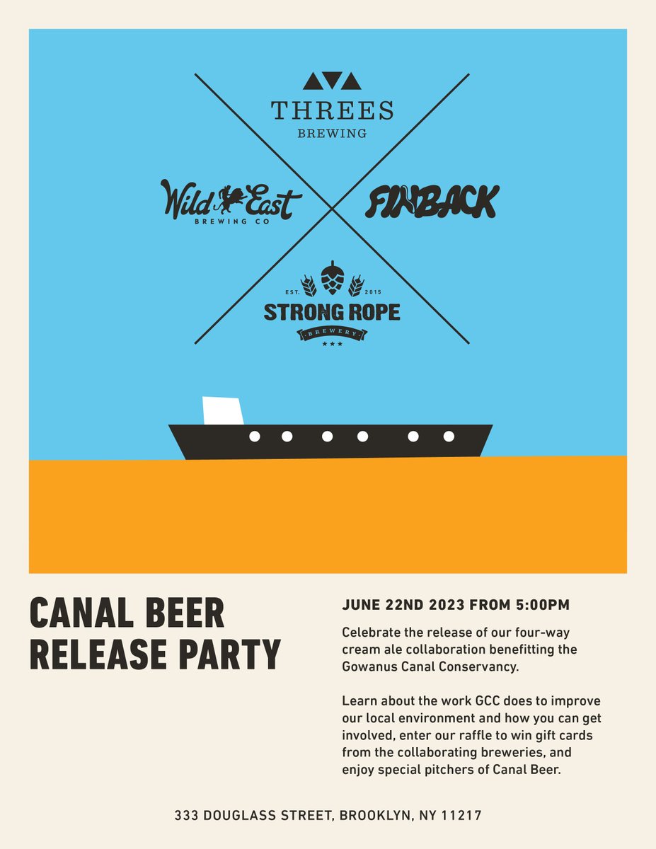 Join us tomorrow night at Threes Brewing (333 Douglass St) to celebrate the release of Canal Beer! Canal Beer is a special collaboration between @ThreesBrewing, @StrongRopeBrew, @FinbackBrooklyn and @WildEastBrewing, with sales going to support our work!