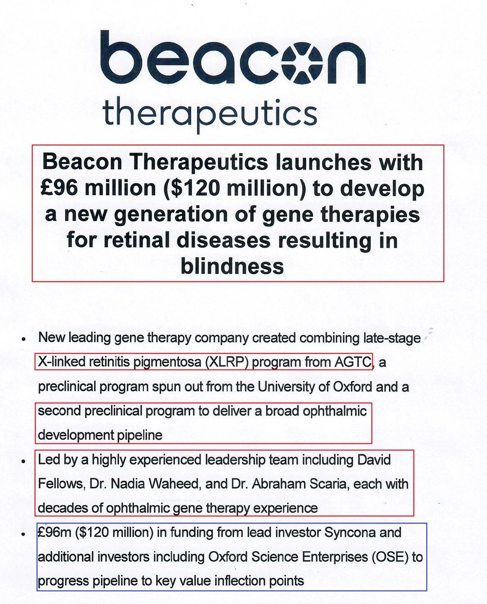 yaireinhorn's tweet image. 1/@BeaconTx_  is launched with £96M ~ $120M to develop a new generation of #GeneTherapy for #retinaldiseases resulting in #blindness. The funding came from its leading investor @SynconaLtd &amp;amp; other investors such as @OxfordSciEnt to progress Beacon’s pipeline. #BioTech #Genomics