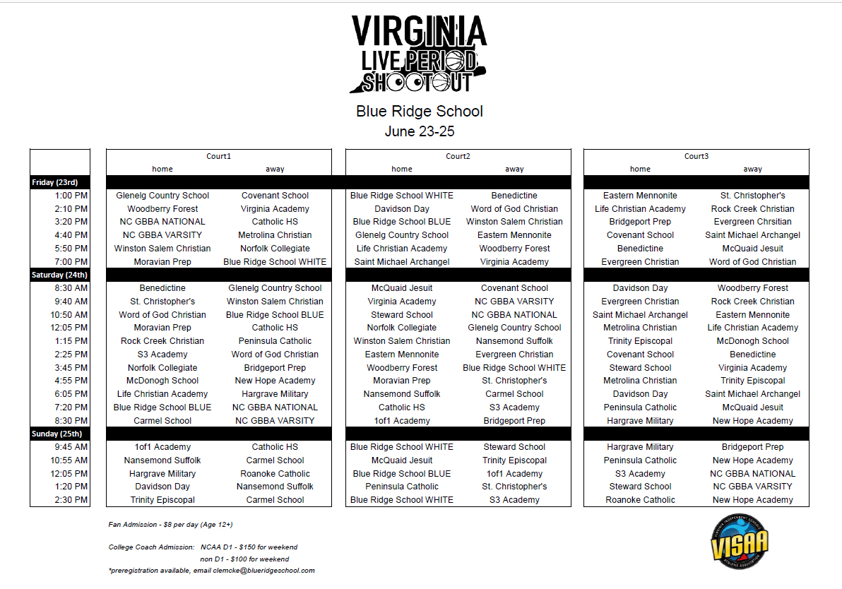 We are ready for a great Part 2 of the Virginia Live Period Shootout. June 23rd-25th at the Blue Ridge School. 34 teams from all over the region competing...80+ Division 1 prospects of all positions and classes. Come see the next generation of talent!