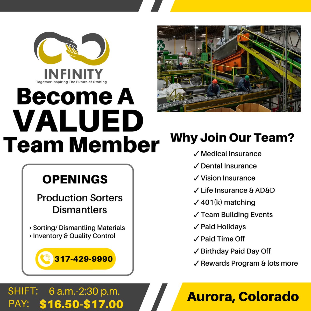 AURORA, COLORADO! New Team members needed, a department has expanded and we have over 20 openings! Contact us IMMEDIATELY & APPLY ONLINE: staffindy.com  (317-429-9990) 

#coloradojobs #hiringcolorado #denvercolorado #auroracolorado #lakewoodcolorado #glendale #staffing