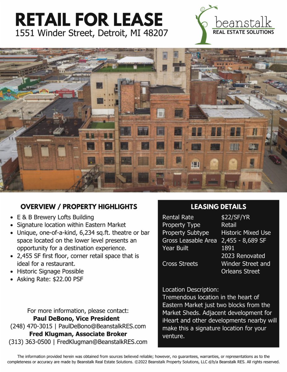 Signature 2,455 SF first floor location in #Detroit's #EasternMarket is available for lease! Just two blocks from the #MarketSheds, this corner retail space is ideal for a restaurant. Ready to learn more? Call to schedule your tour today. #RealEstate #CRE #ForLease