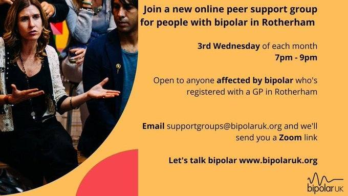 Join the #rotherham online (Zoom) this evening 7pm-9pm

Book a free ticket bipolaruk.org/.../rotherham-… - receive your link via email as soon as you book.

#bipolarawareness #peersupport #bipolarsupport #youmatter #mentalhealthawarenessweek EVERY week 💚