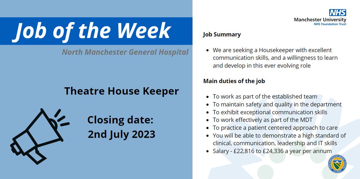 VACANCY: Theatre House Keeper - North Manchester General Hospital. Come and join #teamNMGH family and help shape a very bright future.
beta.jobs.nhs.uk/candidate/joba…