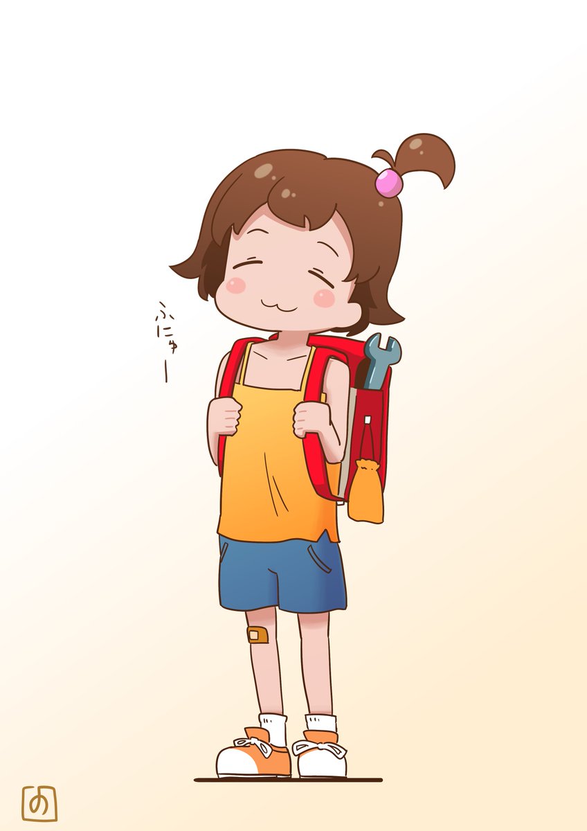 1girl solo backpack brown hair shorts bag blue shorts  illustration images