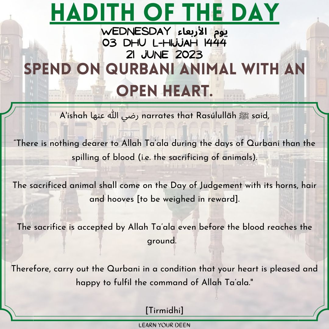 HADITH OF THE DAY
3 Dh l-Hijjah 1444

#ProphetMuhammad ﷺ said,
“There is nothing dearer to Allah during the days of Qurbani than the spilling of blood (i.e. sacrificing animals).

The sacrificed animal will come on the Judgement Day with its horns, hair & hooves ...' [Tirmidhi]