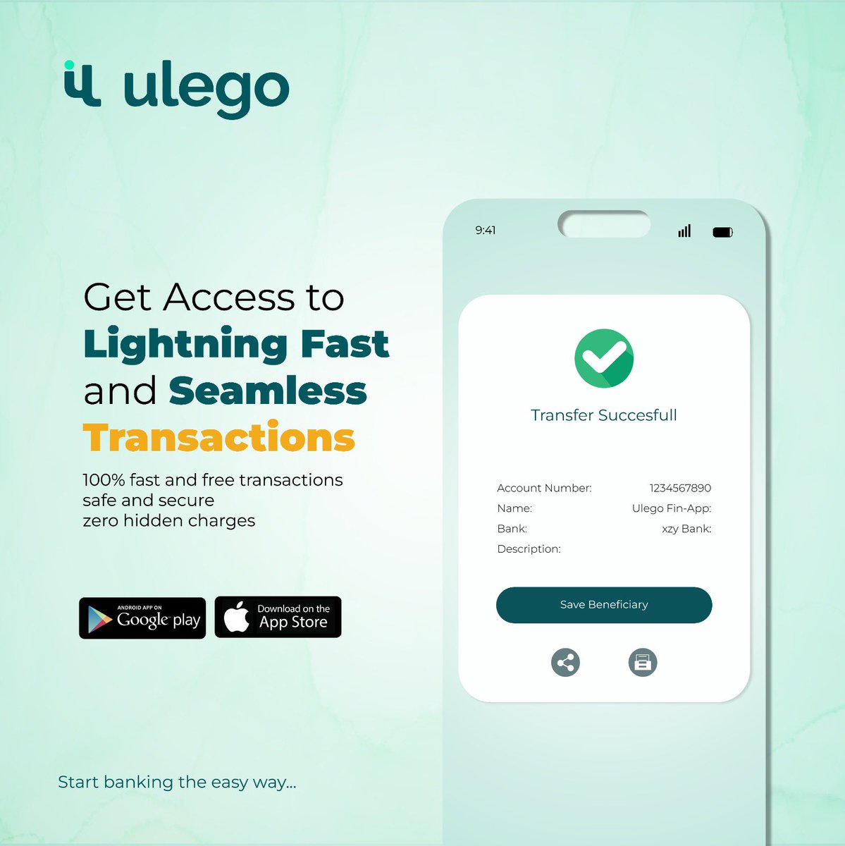 Are you tired of the constant no network or can’t send funds palava? 

We have built an easy and fast banking solution for all your financial needs.

Less worries, more successful transactions!
Download Ulego today, available on Playstore and App Store 💚

#fintech