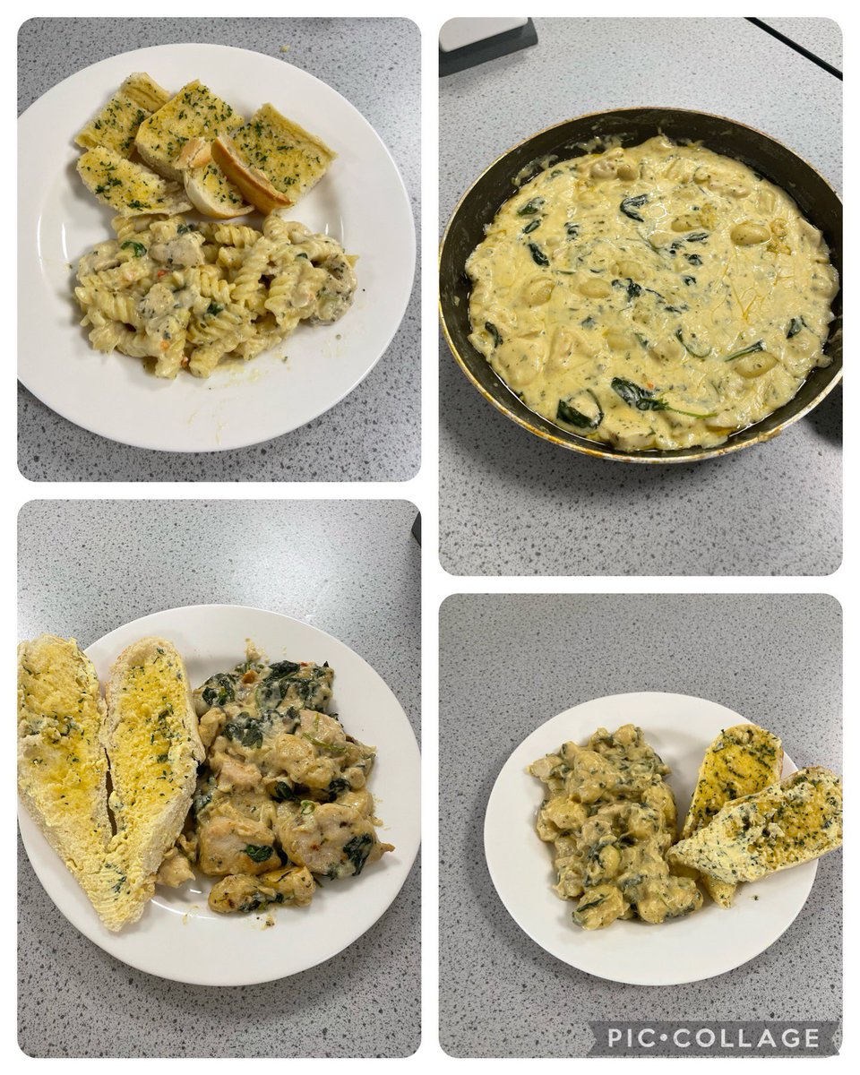 Year 10 were challenged to make a beautiful chicken, gnocchi and spinach dish today, served with garlic bread.