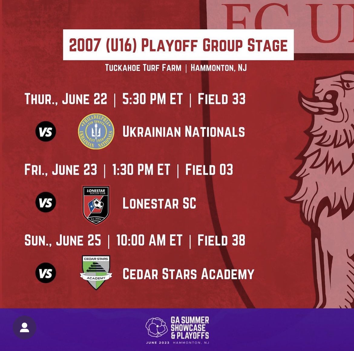 Here’s my schedule for playoffs. Can’t wait to play tomorrow! @FCU2007GA