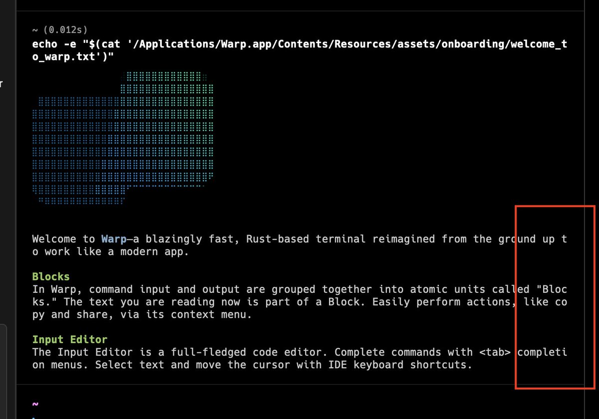 tedbrownxr's tweet photo. I'm excited to try @warpdotdev, but this word wrap technique is scrambling my brain. Splitting words at the EOL adds cognitive load and makes it harder to read. https://t.co/j0TFdGsgKm