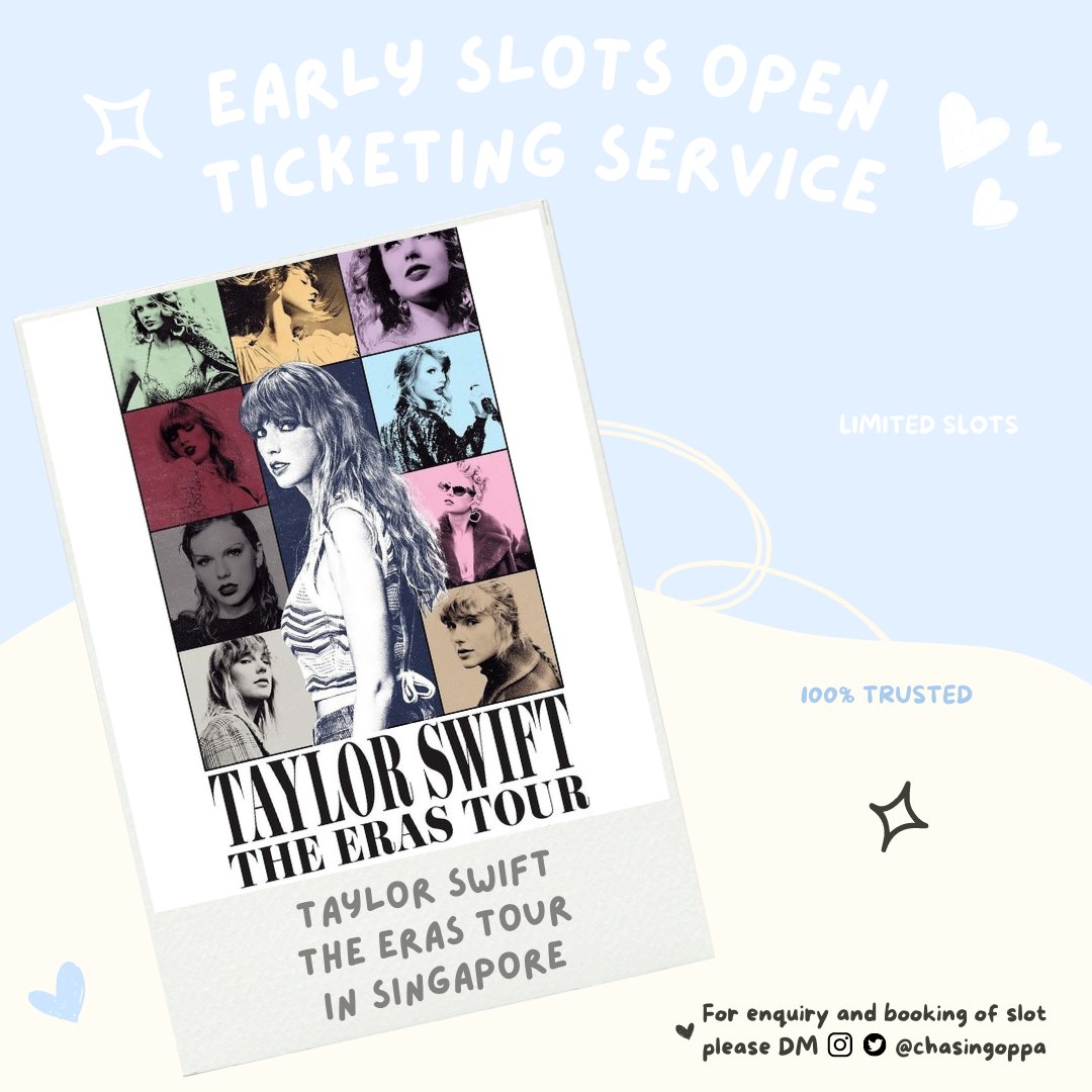 ChasingOppa's tweet photo. Hello Swifties!

Chasing Oppa is back to help you with ticketing service for Taylor Swift's The Eras Tour in Singapore!

Early slot are open now 🥰

Please dm for more info and T&amp;C!  Thank you 

#TaylorSwiftErasTour #taylorswiftsingapore #TaylorSwiftinSG #erastoursingapore https://t.co/Q35AJ9Q6tn