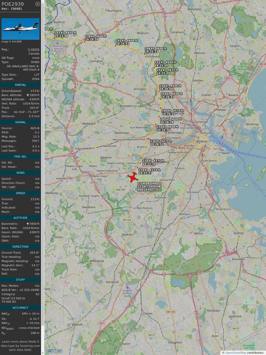 ICAO: #C060B1
Flt: #POE2939 #PorterAirlines #YTZ-#BOS
First seen: 2023/06/21 10:26:00
Min Alt: 4575 ft MSL
Min Dist: 1.32 mi

#planefence #adsb - planefence.com/medford
globe.adsbexchange.com/?icao=c060b1