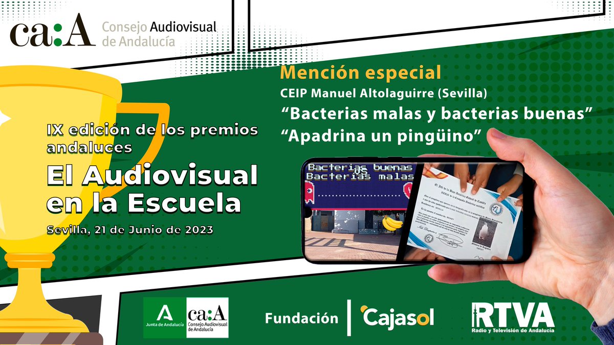 Mención Especial:

'Bacterias buenas y bacterias malas'
youtu.be/puVMAVD_Wzs

'Apadrina un pingüino'
youtu.be/LUjryoceJzM

Ambos del CEIP Manuel Altolaguirre (<a href="/Altolatuit/">CEIP M. Altolaguirre</a>)