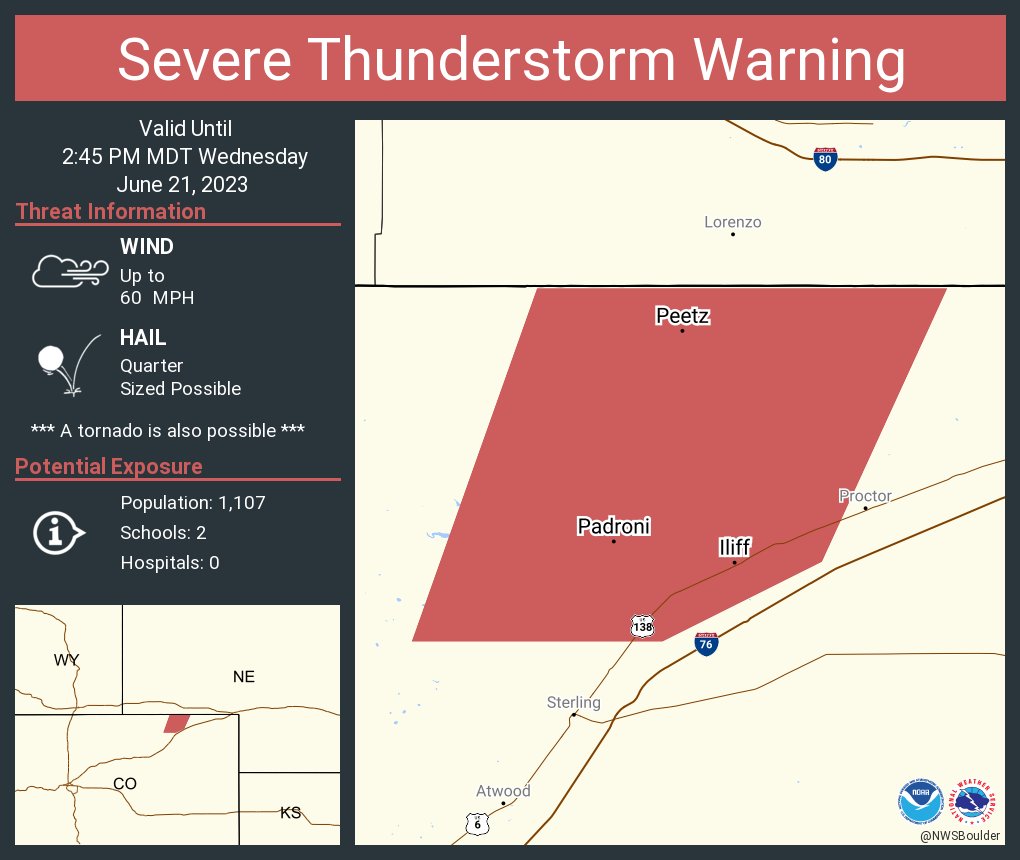 NWS Severe Tstorm on Twitter "Severe Thunderstorm Warning including Iliff CO, Peetz CO and