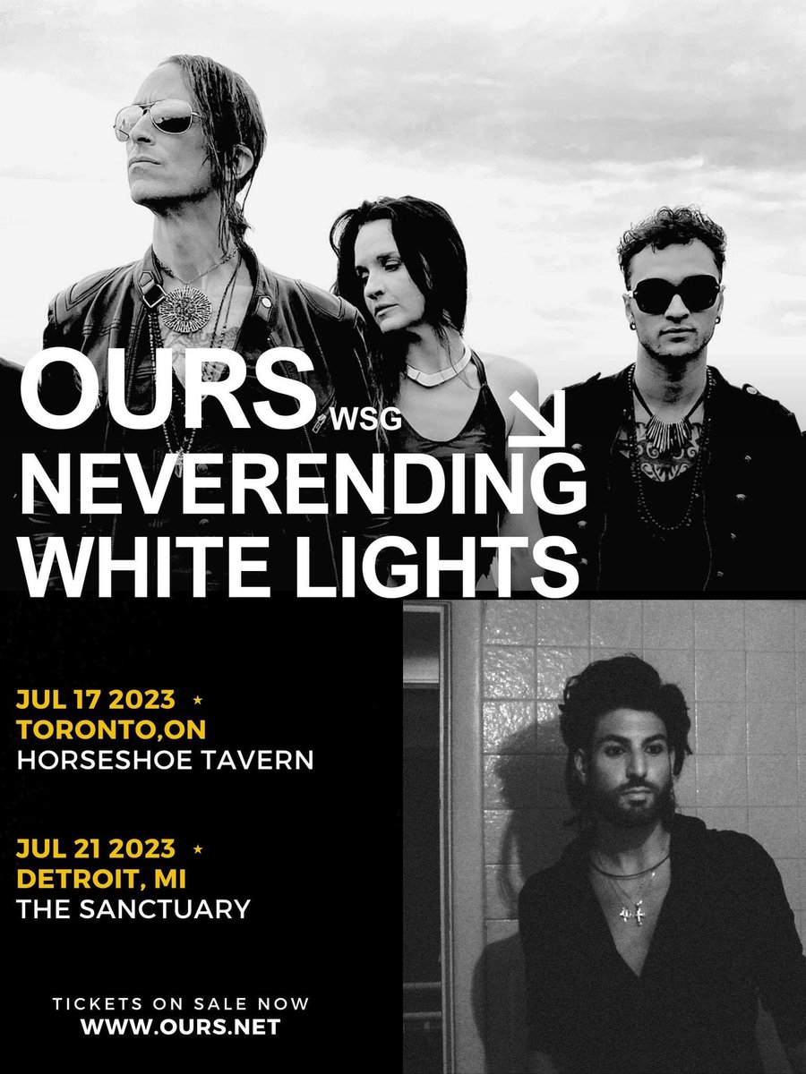 Just Announced! OURS wsg Neverending White Lights. Two summer dates: 
JUL 17 - Toronto On 
JUL 21 - Detroit MI 
For tickets: facebook.com/Neverendingwhi…