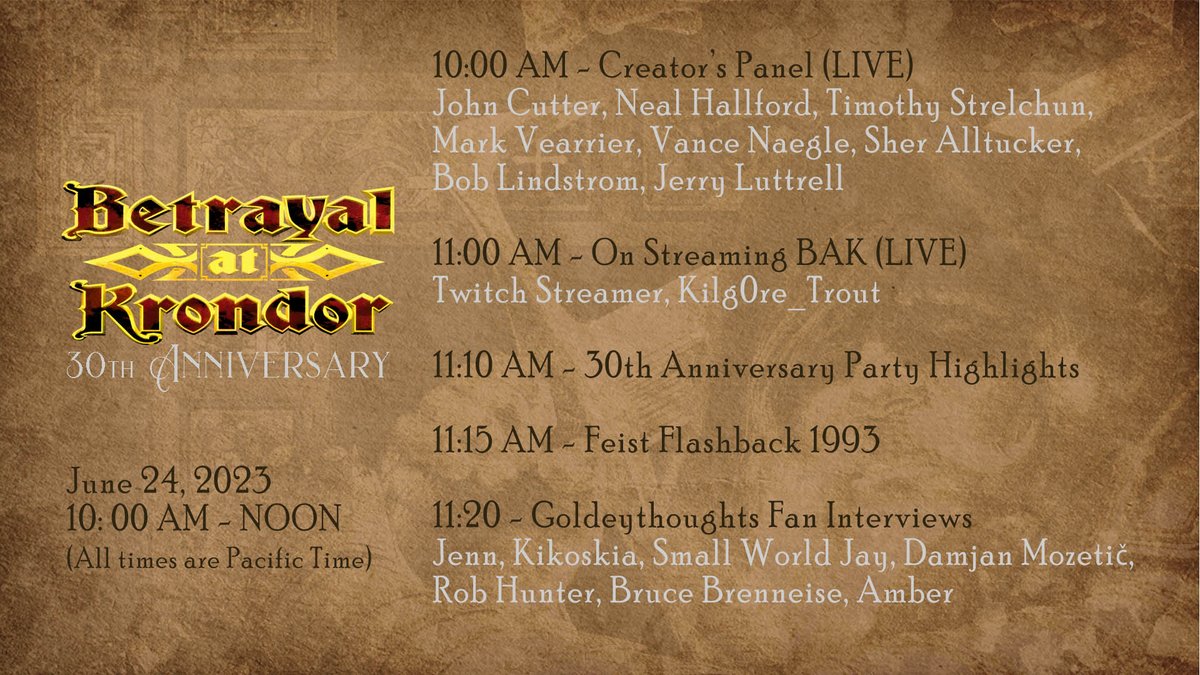 We are set for our ONLINE celebration of Betrayal at Krondor's 30th anniversary! Join us THIS SATURDAY, June 24th at 10 AM Pacific Time for 2 hours about the biggest RPG of 1993! Watch at
rb.gy/3y4xt 
#ComputerGamingWorldHallOfFame #Krondor30 #RPG #gamersoftwitter