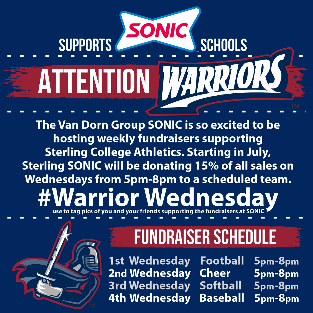 #WarriorWednesday - Starting July 5th if you are in the Sterling College area please come out to Sonic and support our teams! There will be a special slush 'The Warrior' as well as other fun to be had! It will go a long way in supporting our teams! @SCWarriorFB @SterlingCSports