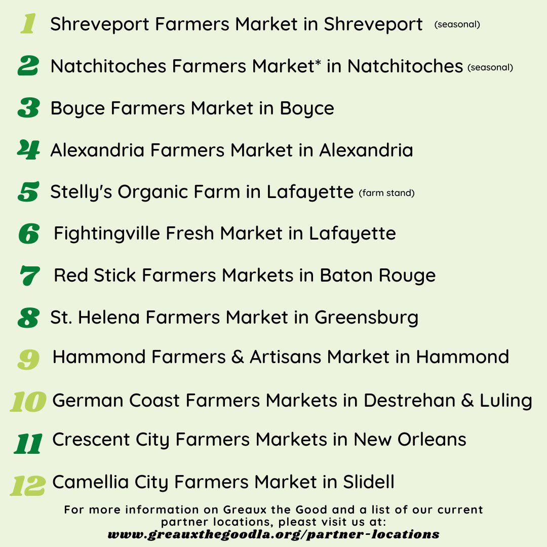GreauxtheGoodLA's tweet photo. We are greauxing across Louisiana! Check out our current list of Greaux the Good partners - we are now up to twelve!

To find a Greaux the Good partner location near you, visit us at https://t.co/ocrMOmK97U!

#greauxthegood #farmers #families #LouisianaGrown #shoplocal https://t.co/8Ypb7x6CDm