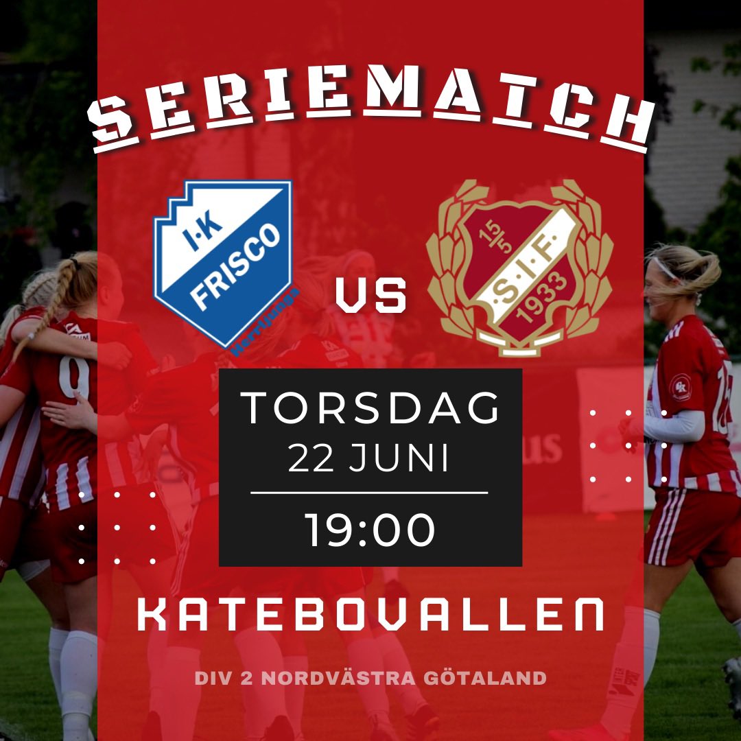 🔥Seriematch div.2🔥
Imorgon åker laget med bussen mot Herrljunga för en spännande match mot IK Frisco. &amp; vi hoppas att vi får med oss 3 poäng till hofet!⚽️

🆚 IK Frisco
📍Katebovallen
⏰ 19:00 blåser domaren igång matchen!
🏆 Division 2 nordvästra Götaland

Hoppas vi ses!
❤️🤍
