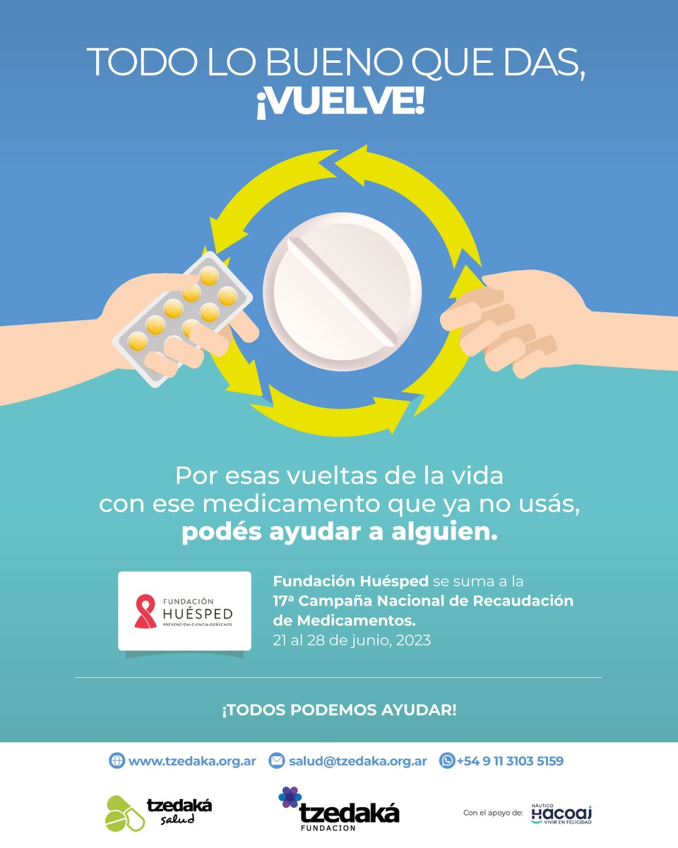 FundHuesped's tweet photo. Con los medicamentos que ya no usás, ayudá a alguien más 🥰.

¿Cómo? Del 21 al 28 de junio sumate a la 💊 17ª Campaña Nacional de Recaudación de Medicamentos 💊 de @tzedaka 

➡️ Encontrá todos los puntos de recepcion en https://t.co/6t2WNHllq1 https://t.co/WYf9HSsMfW
