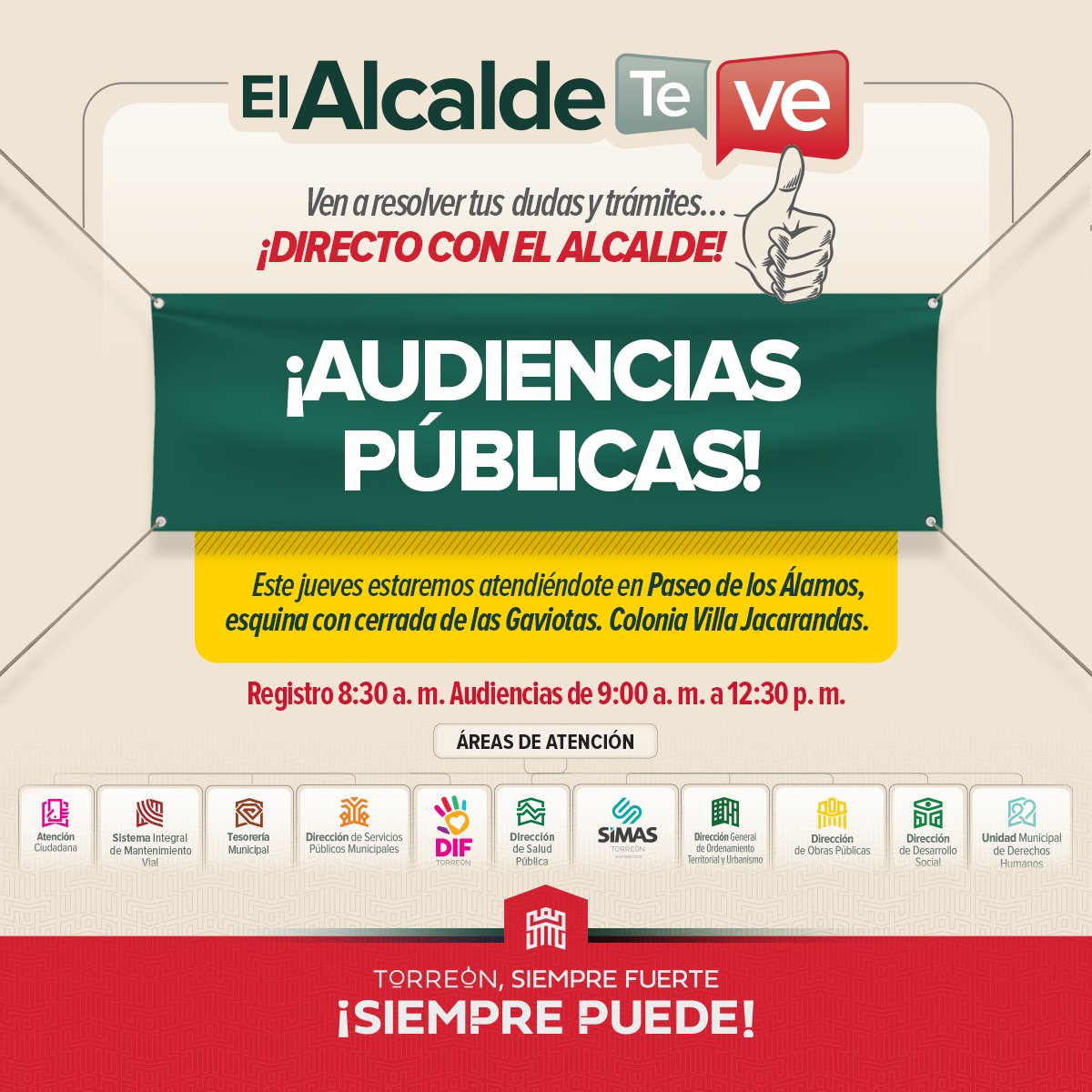 Ven a resolver tus dudas y trámites ¡DIRECTO CON EL ALCALDE!

Este jueves 22 de junio habrá ¡Audiencias Públicas!
📍 Paseo de los Álamos, esquina con cerrada de las Gaviotas en la colonia Villa Jacarandas.

⏰ Registro a partir de las 8:30 a.m.
Audiencias de 9:00 a.m a 12:30 p.m