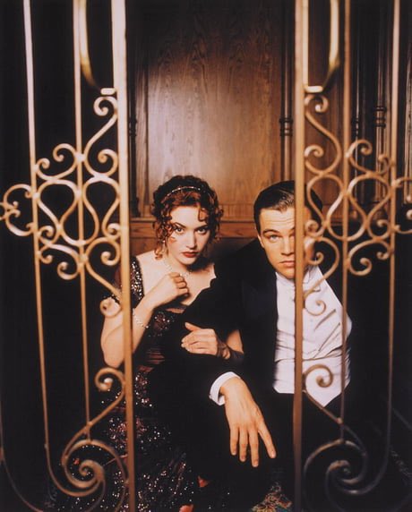 kate winslet and leonardo dicaprio on the set of titanic, 1997.