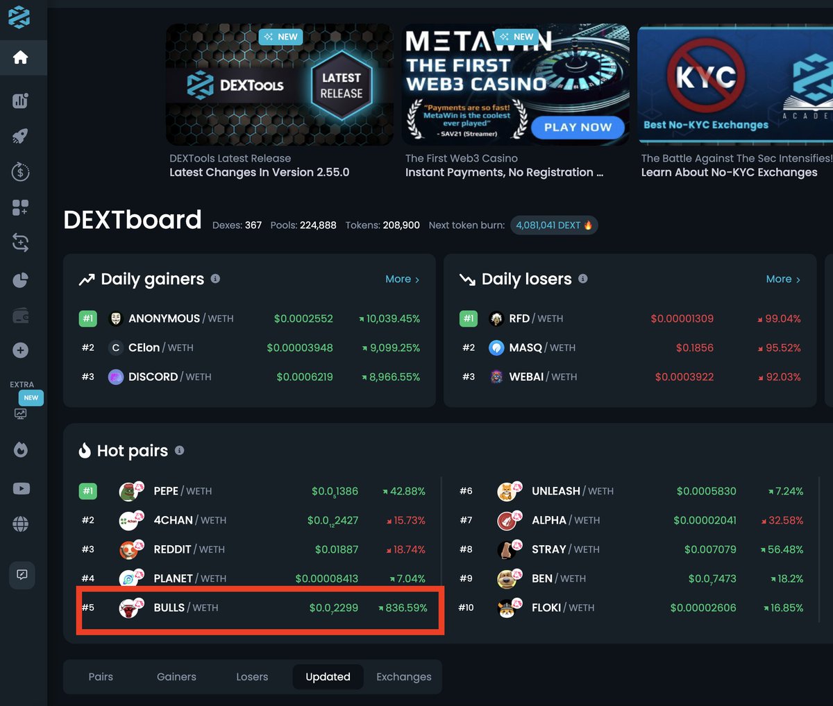 100x SIGNAL OF THE DAY IS: $BULLS ( @BullCoinERC ) 🚀 

It is CURRENTLY trending on Dex Tools :)

GET IN NOW BEFORE ITS TOO LATE, TRUST ME...

CA:
0xf84210B3F764fe9F40475C118Ca37d26ceacC80D

SEE YALL ON THE MOON!

#crypto #ethereum #memecoin #PEPE #LOYAL #CryptoSignals #ETH #BNB