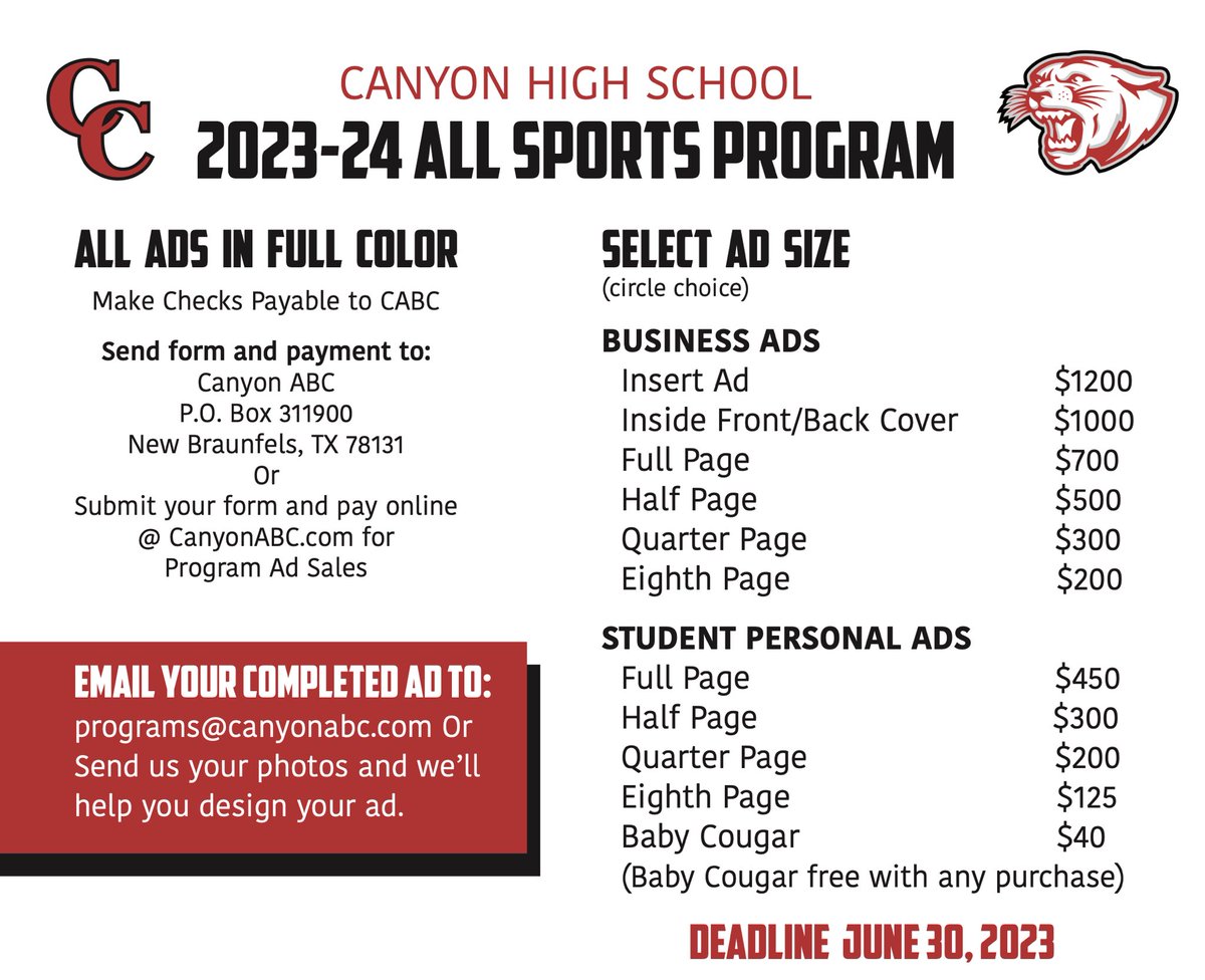 🚨 9  DAYS LEFT 🚨
2023-24 All Sports Program Ads Are Due By June 30th. Celebrate Your Student in the BEST Sports Program Around! 🙌🏻🐾 🔴 #COUGARNATION

canyonabc.com/program-ad-sal…