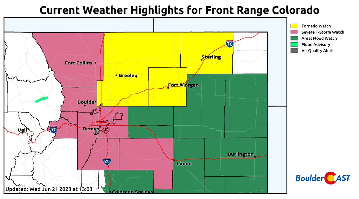 A Severe Thunderstorm Watch is in effect for expected fireworks with golf ball+ sized hail and isolated tornadoes the greatest risks. Main threat in Boulder is 3-9PM. In Denver it's 5PM-1AM. Protect your cars and gardens if possible!  #COWX