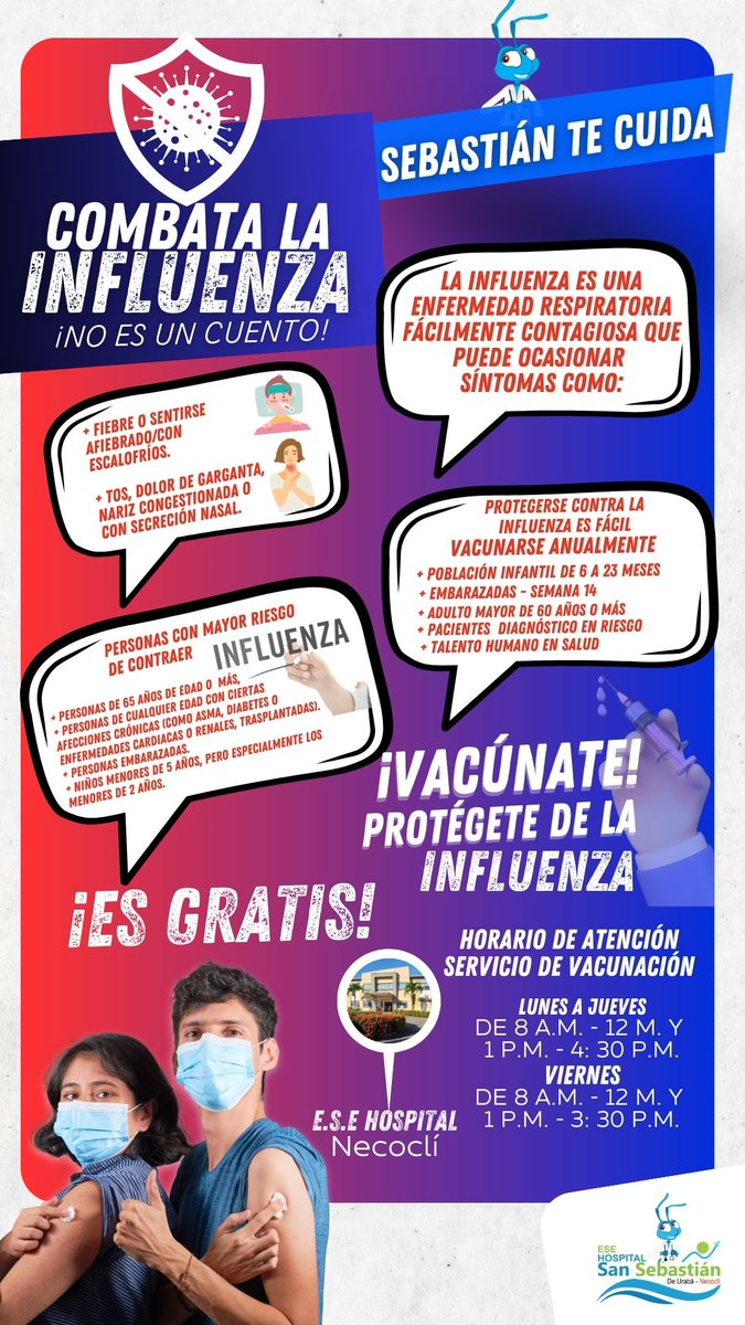 #TuHospitalTeInforma🏥
#CombatelaInfluenza
#NoesunCuento
La E.S.E Hospital San Sebastián de Urabá al Servicio de Vacunación invita a la comunidad Necocliseña a #VacunarseContraLaInfluenza 💪
Punto de Vacunación: Servicio de Vacunación – sede principal del Hospital