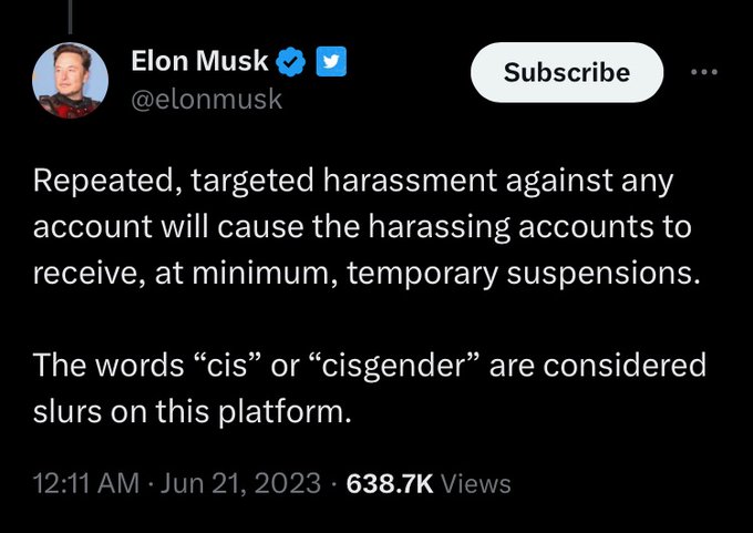Counterpoint: Elon Musk is a cisgender fascist and if I were driving a Telsa and saw him in front of me I would engage the auto-pilot.