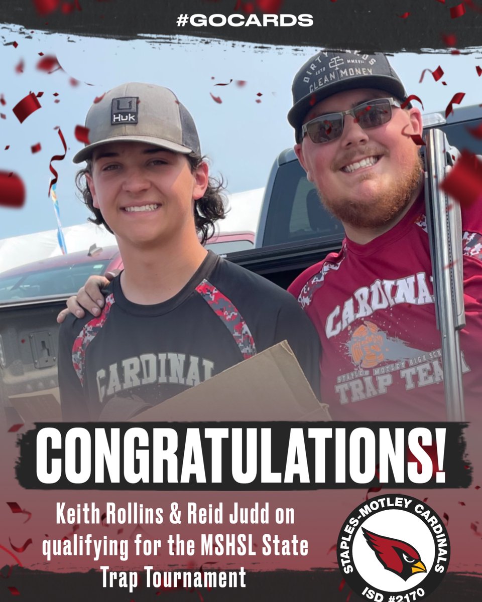 Congratulations to Keith Rollins & Reid Judd for placing in the top 100 trapshooting athletes in the state and gaining access to shoot in the MSHSL individual championships.  This is a huge achievement as they competed against close to 12,000 athletes! #GoCards