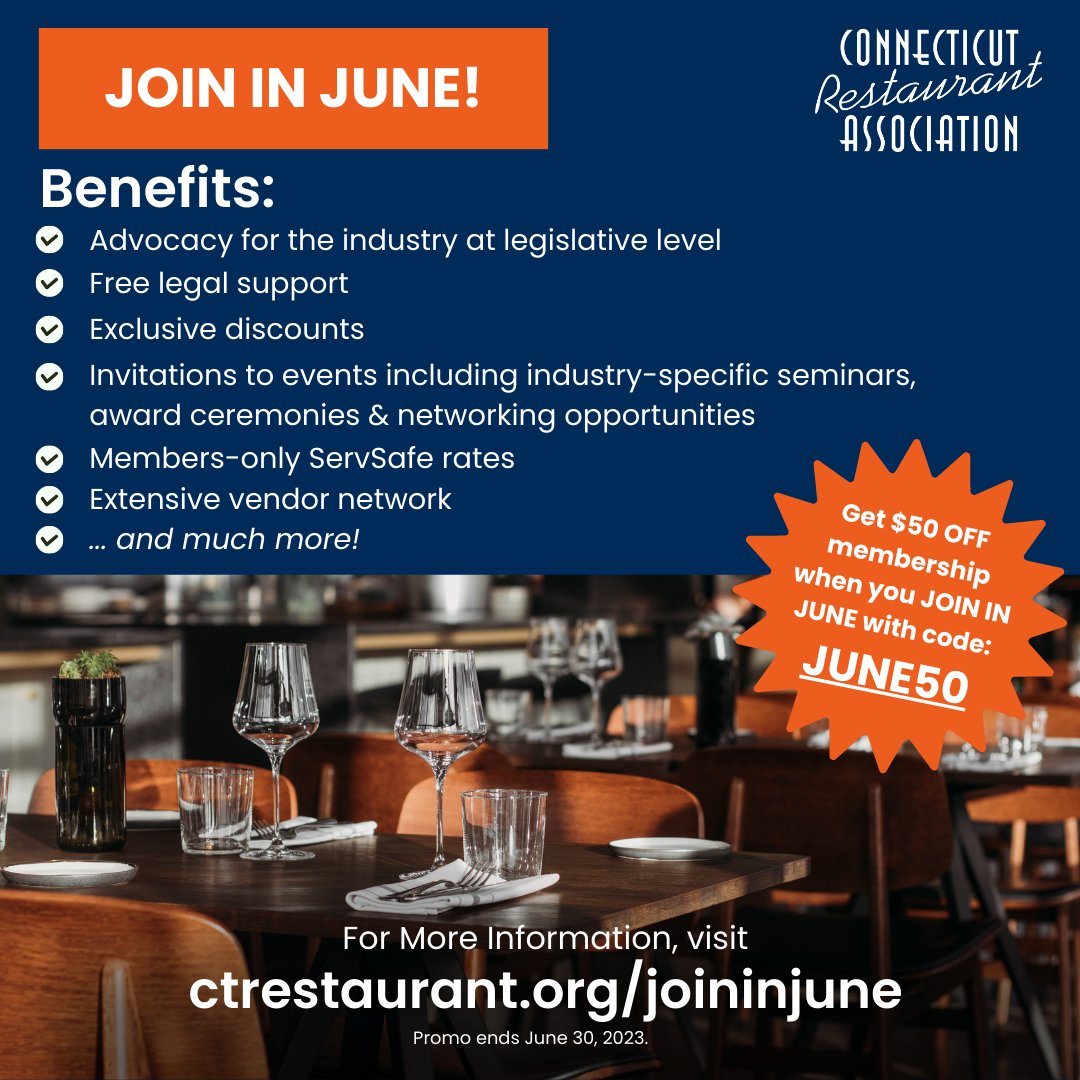 ctrestaurant's tweet image. There are countless benefits to joining the CRA, including advocacy, legal support &amp;amp; discounts.

Take advantage of our #JoininJune promotion and save $50 off membership dues!🙌

Use code JUNE50 at checkout. Offer ends 11:59pm June 30: ctrestaurant.org/joininjune #ctrestaurants