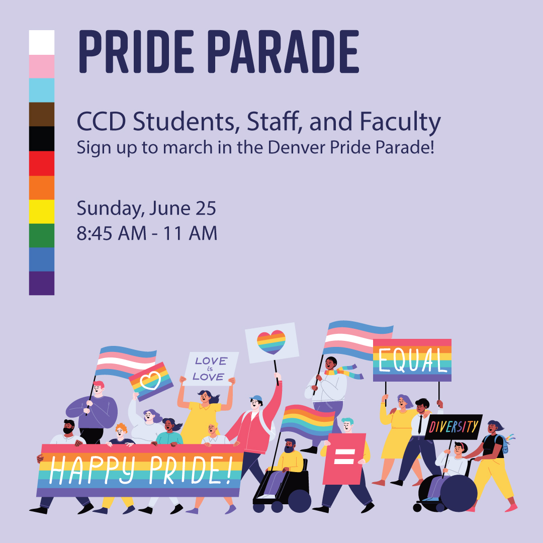 CCDedu's tweet photo. We are thrilled to invite all CCD students, staff, and faculty to join us in representing the Community College of Denver at the 2023 Denver Pride Parade! We are limited to 50 attendees to march with CCD. Sign up with the link.
Learn more and Sign up here: https://t.co/3E6Bps6MyJ https://t.co/pNlRDl0GUt