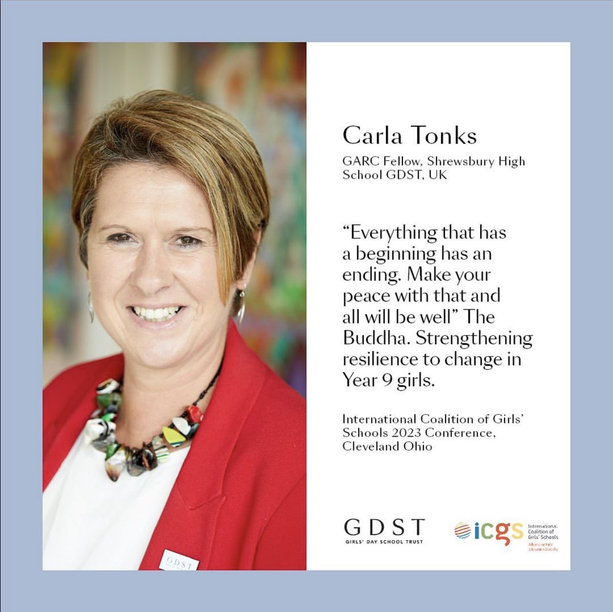 Delighted that SHS Head of #PSHE &amp; RPE <a href="/CarlaLTonks/">Carla Tonks</a> will speak at the <a href="/girlsschools/">International Coalition of Girls' Schools</a> conf on how the teaching of #Buddhist thought in Y9 RS strengthens girls’ resilience when dealing with change. shrewsburyhigh.gdst.net/a-global-platf… #girlsschools