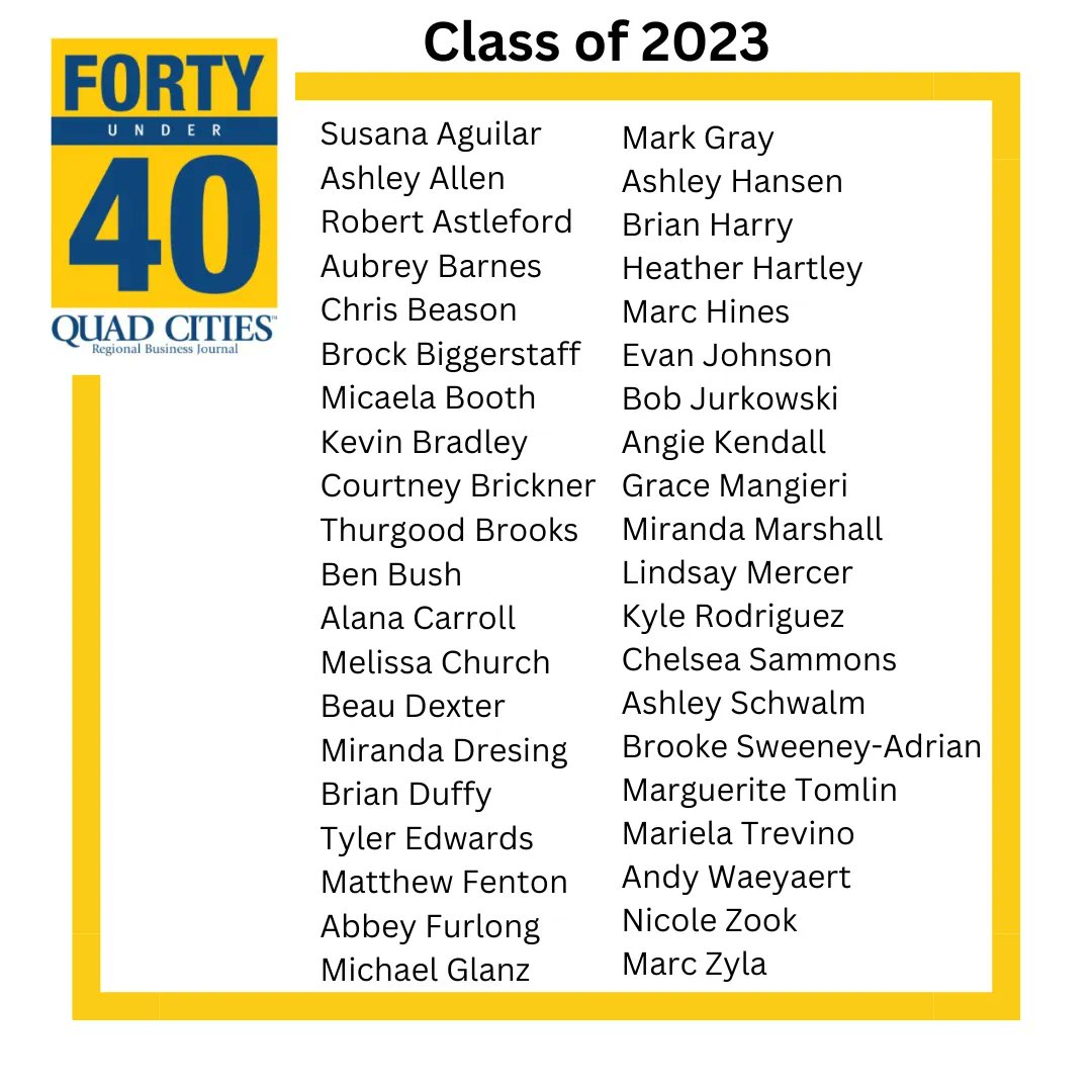Congratulations to the QCBJ Forty Under 40 Class of 2023! Join us August 24 at the Quad-Cities Waterfront Convention Center from 5:30 pm - 8:00 pm to celebrate and meet this years honorees! To learn more or to register visit: buff.ly/3NEU8eM