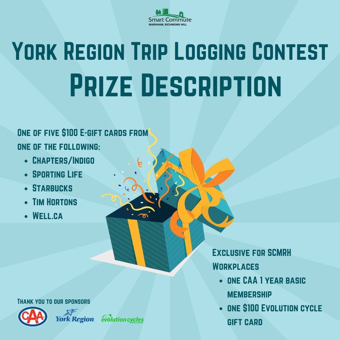 Take a look at the incredible prizes available from the York Region Trip Logging Contest!
*Logging a bicycle trip on the SmartCommute.ca App automatically enters you into the Smart Commute Contest and winners may choose to opt out receiving the prize.