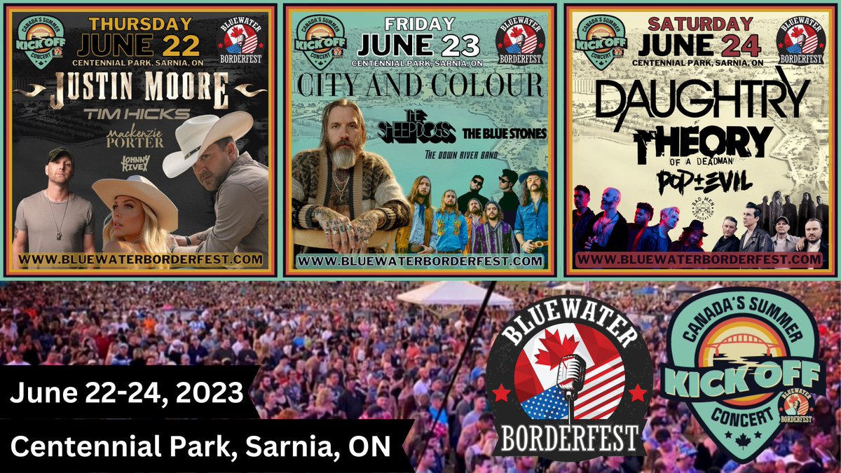 The 2023 Canada’s Summer Kick Off Concert <a href="/BWBorderFest/">Bluewater BorderFest</a> takes place June 22, 23 and 24 at Centennial Park in #Sarnia 🤩🤘‼️

More details, here: swomp.ca/2023/06/21/blu…

🎟 bluewaterborderfest.ca