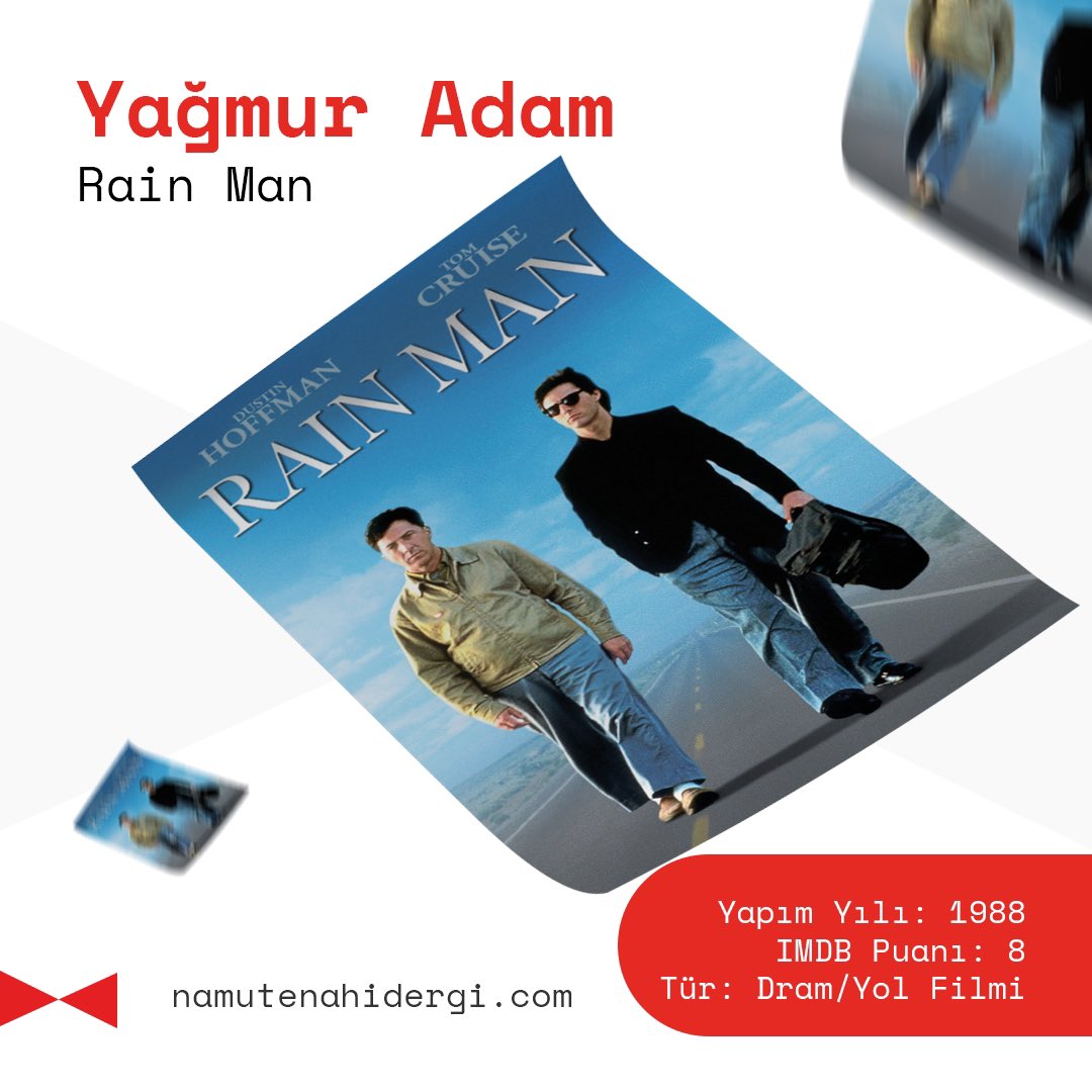 Rain Man (Yağmur Adam); En İyi Film, En İyi Yönetmen, En İyi Erkek Oyuncu ve En İyi Orijinal Senaryo dallarında Oscar Ödülü kazanan Yağmur Adam'ın yönetmenliğini Barry Levinson yapıyor. Başrollerde Tom Cruise ve Dustin Hoffman yer alıyor.