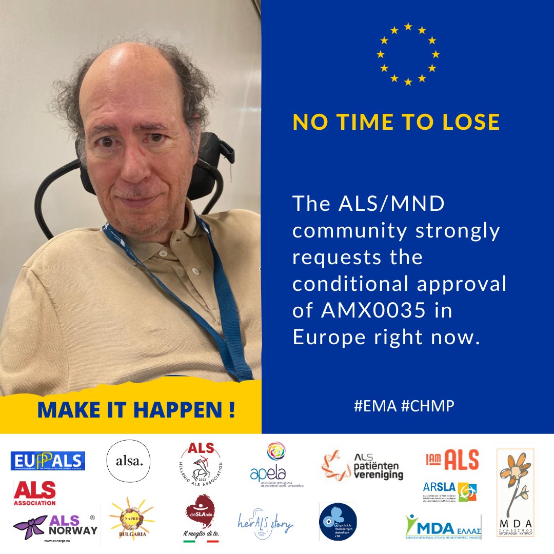 The time is #now for the
<a href="/EMA_News/">EU Medicines Agency</a>
to grant conditional approval
@Amylyx
’s #AMX0035 for #ALS #MND in #Europe. Make it happen #EMA #CHMP!
<a href="/AmylyxPharma/">Amylyx</a>
<a href="/EMA_News/">EU Medicines Agency</a>