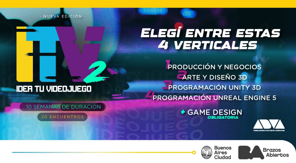 ¡LLEGÓ EL DÍA! NUEVA EDICIÓN DE ITV2  🔥

¡Vas a poder elegir entre estas 4 verticales para formarte en el desarrollo de videojuegos!
👾Producción y negocios
🖌️Arte y diseño 3D
💻Programación unity 3D
👩‍💻🧑‍💻Programación unreal engine 5

Inscribite acá: bit.ly/46aRdkY