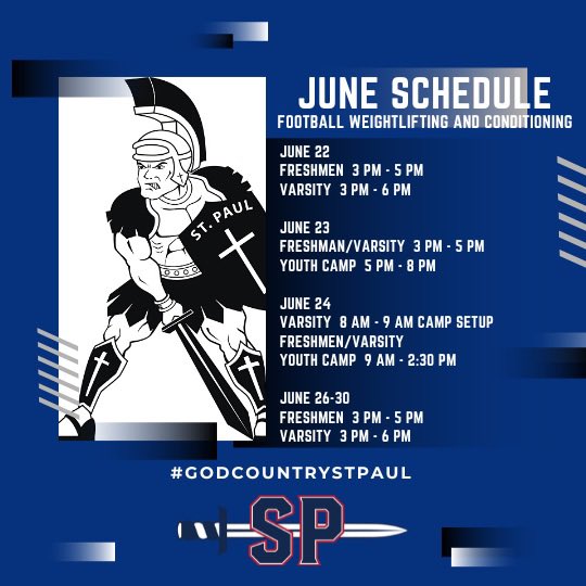 St. Paul Football schedule for the balance of June. #WeAreStPaul #GodCountryStPaul <a href="/GhostsofStPaul/">The Ghosts of St. Paul Football</a>