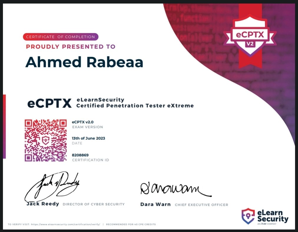 وَمَا تَوْفِيقِي إِلَّا بِاللَّهِ ❤️
I am happy to announce that I passed the eCPTXv2 (eLearnSecurity Certified Penetration Tester eXtreme) exam it's the most advanced certificate in eLearnSecurity,
thanks INE and eLearnSecurity for this awesome journey
#cybersecurite