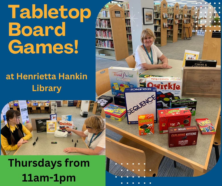 Love games? Stop in Thursday, June 22 between 11am and 1pm for TABLETOP BOARD GAMES! No registration required. Hope to see you there! 

#HankinLibrary #SummerFun #LibraryCommunity